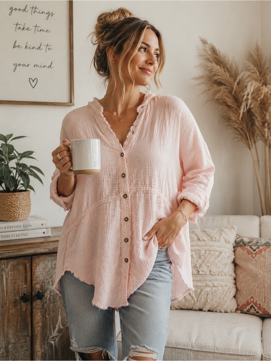 We The Free Tops - Free People Summer Daydream We The Free Textured Gauze Pink Cotton Raw Hem XS